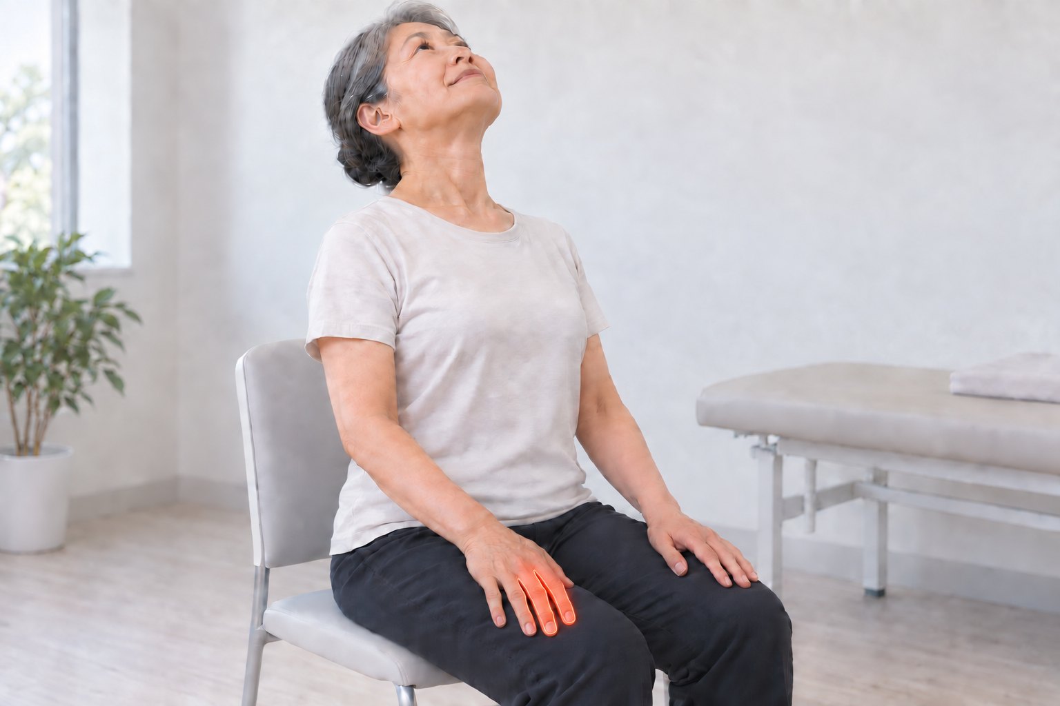 治療室で、60代の女性が椅子に座り、首を後ろへ反らして上を向いている。両手は太ももの上に置かれ、右の示指と中指に、しびれの出る場所を示す色が付いている
